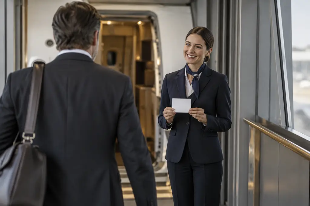 A host welcoming a passenger at the end of the jet bridge