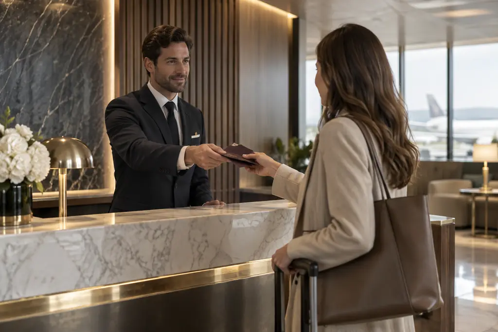 A host returning passports to a traveller at a premium check-in counter