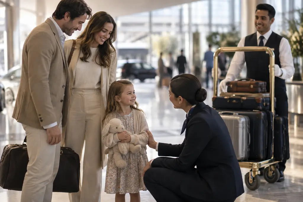 A host kneeling to greet a young child while her parents look on