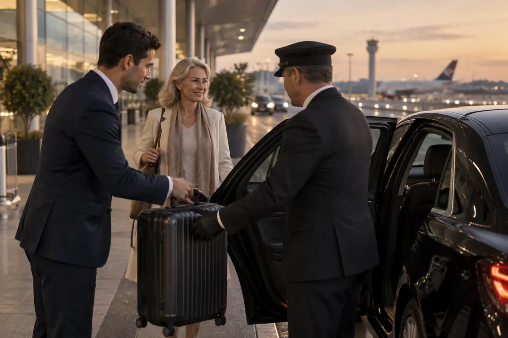 A host handing a traveller's suitcase to her chauffeur at the arrivals kerb