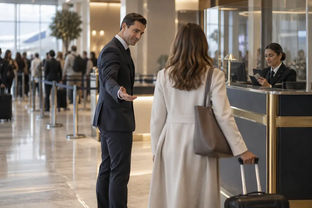 A host guiding a traveller towards a short priority passport-control booth